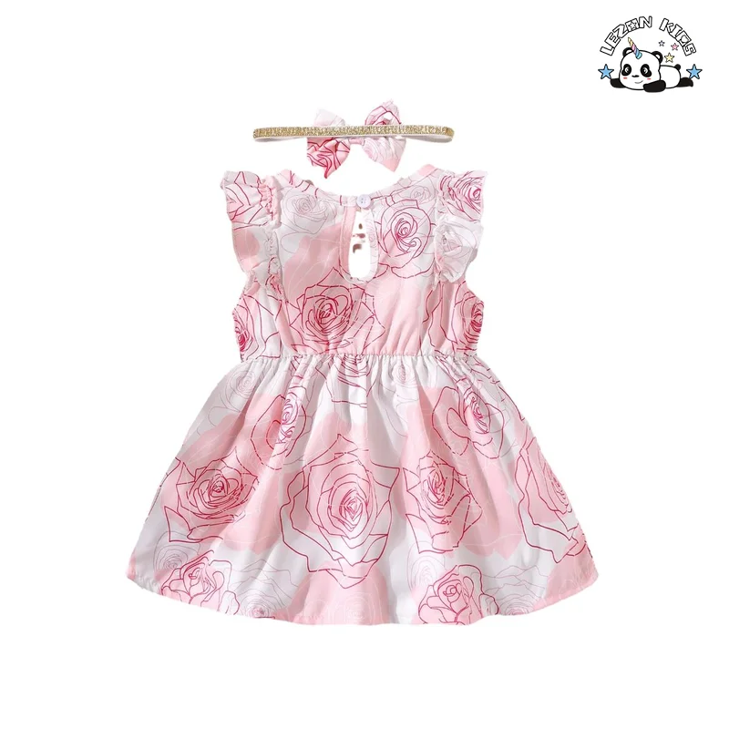 LEZONKIDS - Cotton Girls Dresses Pink Sweet Flower Girls' Dress Casual Baby Dress for Kids Girls Customized